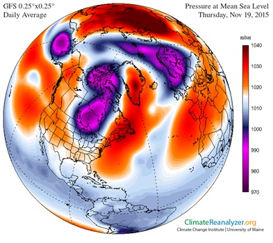 Fig.1: Split del vortice polare in tre lobi su Scandinavia, Canada e Stretto di Bering. Fonte: www.climatereanalyzer.org 