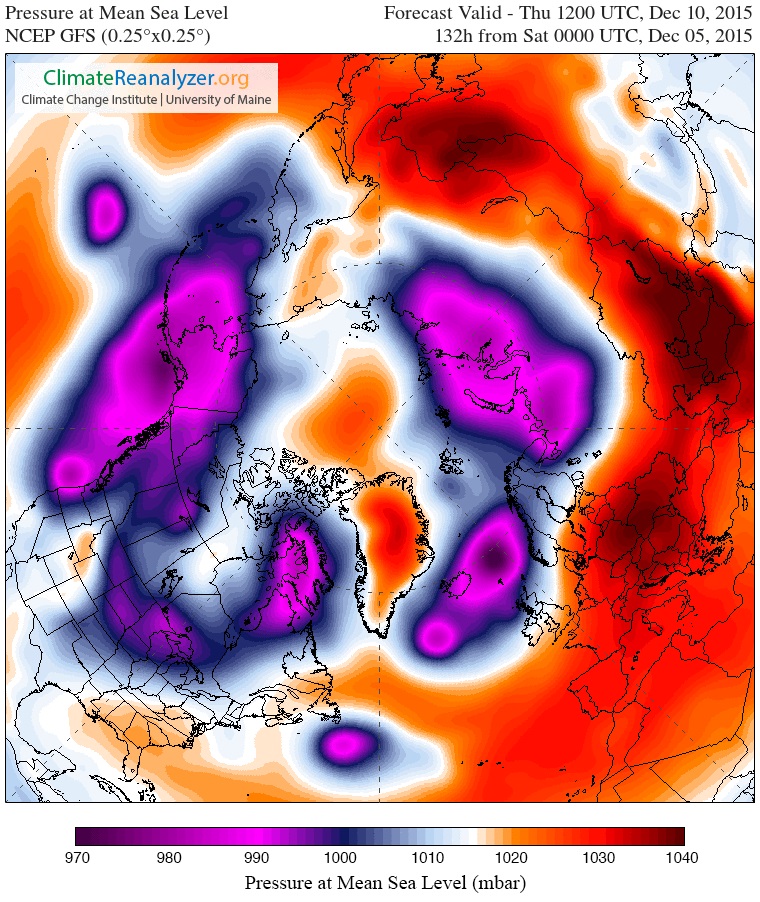 Fig. 4. GFS, Giovedí 12 Dicembre, pressione al suolo. Depressioni in rotazione zonale attorno all’anticiclone sul Mar Glaciale Artico. Vortice polare compatto. Fonte: www.climatereanalyzer.org