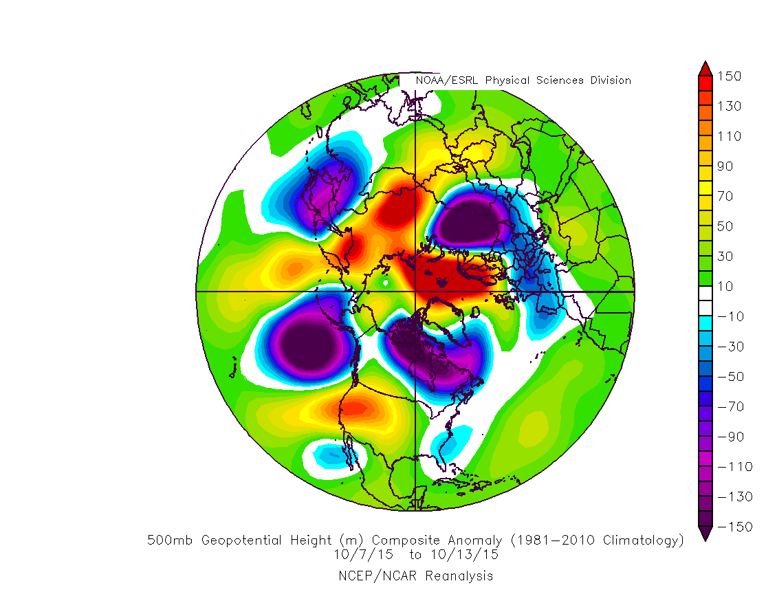 Fig. 4 Anomalia  geopotenziale a 500 hpa degli ultimi giorni della prima metà del mese di Ottobre 2015. Possiamo notare una forte anomalia polare dovuta ad una elevata attività ed intrusività dell’onda atlantica.