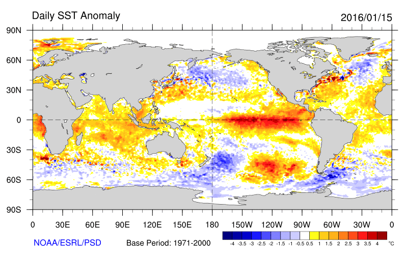 Fig. 9. Anomalie termiche negative su Pacifico e Atlantico settentrionali. Fonte: www.esrl.noaa.gov 