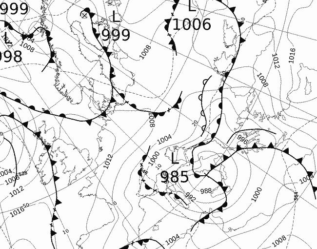 Fig.3. UKMO – Bracknell, Mercoledí 23 Marzo: profondo vortice centrato sulle regioni meridionali, con associate condizioni di diffuso maltempo. Fonte: www.wetterzentrale.de