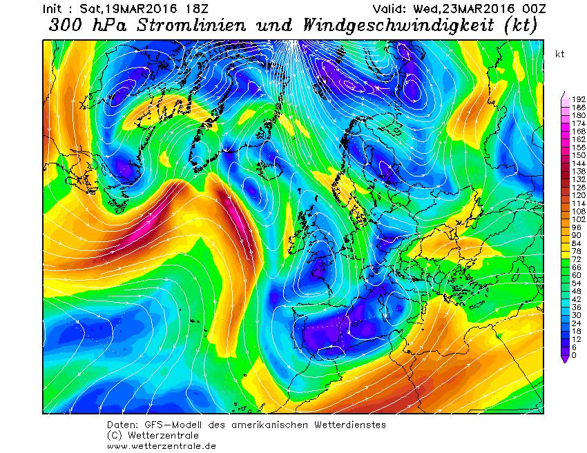 Fig. 4. GFS, notte su Mercoledí 23 Marzo: getto tropicale in risalita sullo Jonio. Fonte: www.wetterzentrale.de