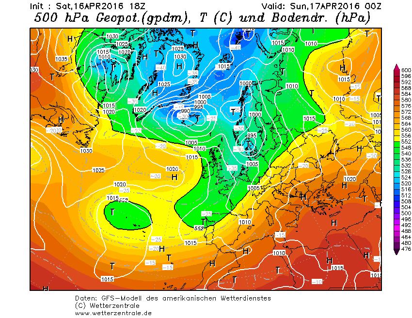 Fig. 1. GFS, Domenica 17 Aprile. Geopotenziale a 500 hPa e isobare al suolo. Fonte: www.wetterzentrale.de