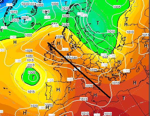 Fig. 4. GFS, Mercoledí 20 Aprile. Geopotenziale a 500 hPa e isobare al suolo. Fonte: www.wetterzentrale.de