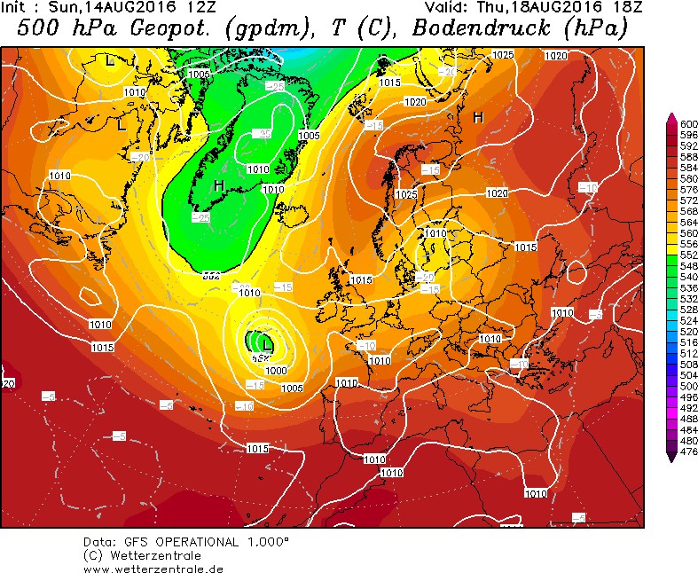 Fig. 2. GFS, Giovedì 18 Agosto: Geopotenziale a 500 hPa e pressione al suolo. Fonte: www.wetterzentrale.de