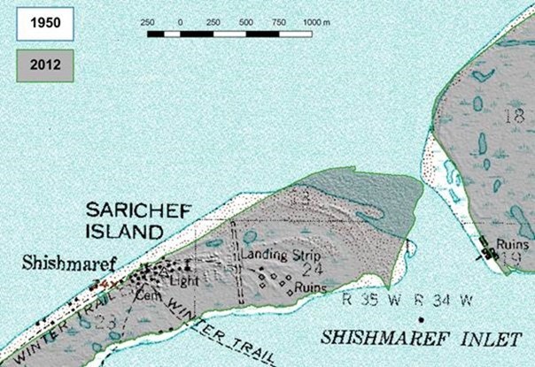 Figura 1 – L’isola di Saricef nel 1950 e nel 2012 (Erren, 2016).
