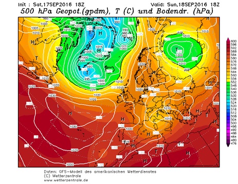 Fig. 1. GFS, Domenica 18 Settembre: Geopotenziale a 500 hPa e pressione al suolo. Fonte: www.wetterzentrale.de
