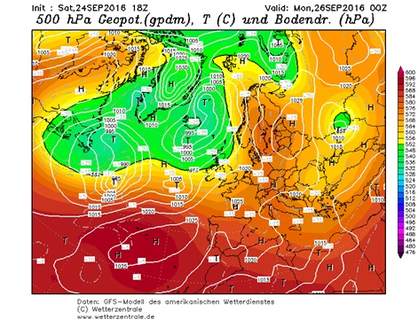 Fig. 1. GFS, notte su Lunedì 26 Settembre: Geopotenziale a 500 hPa e pressione al suolo. Fonte: www.wetterzentrale.de