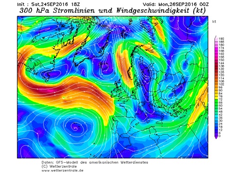 Fig. 2. GFS, notte su Lunedì 26 Settembre: getto polare in uscita a gran velocità dal Labrador in direzione delle isole britanniche. Fonte: www.wetterzentrale.de