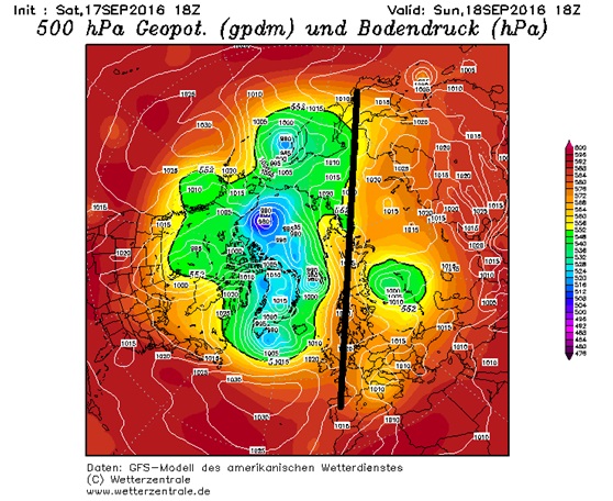 Fig. 2. GFS, Domenica 18 Settembre: Emisfero Nord: geopotenziale a 500 hPa e pressione al suolo. Prevalenza di alte pressioni a est dell’asse immaginario tra Inghilterra e Giappone. Fonte: www.wetterzentrale.de