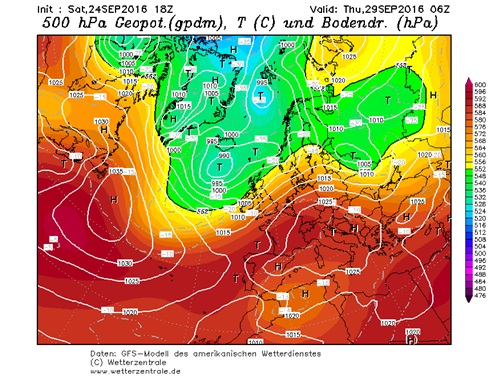 Fig. 4. GFS, Giovedì 29 Settembre: Geopotenziale a 500 hPa e pressione al suolo. Fonte: www.wetterzentrale.de