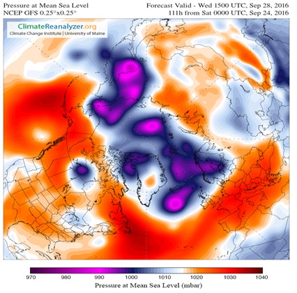 Fig.5. GFS, Mercoledì 28 Settembre: Anomalie bariche sull’Artico. Fonte: www.cci-reanalyzer.org