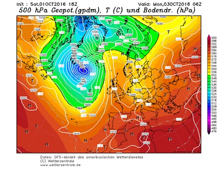 Fig. 1. GFS, Lunedì 3 Ottobre: Geopotenziale a 500 hPa e pressione al suolo. Fonte: www.wetterzentrale.de