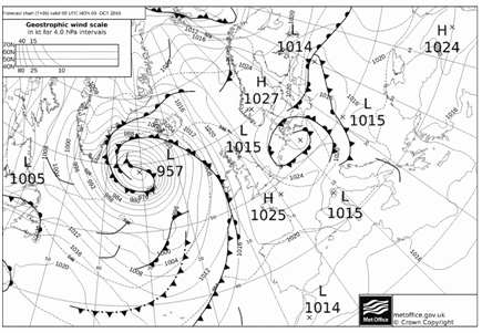 Fig. 2. UKMO-Bracknell, Lunedì 3 Ottobre: profonda depressione a sud della Groenlandia, anticiclone in formazione tra il Mare del Nord e la Scandinavia. Fonte: www.wetterzentrale.de