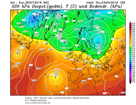 Fig. 3. GFS, Giovedì 3 Novembre: Geopotenziale a 500 hPa e pressione al suolo. Fonte: www.wetterzentrale.de