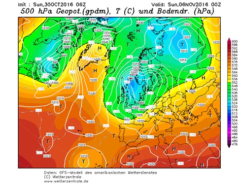 Fig. 4. GFS, Domenica 6 Novembre: Geopotenziale a 500 hPa e pressione al suolo. Fonte: www.wetterzentrale.de