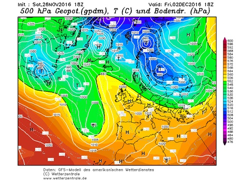 Fig. 3. GFS, Venerdì 2 Dicembre: Geopotenziale a 500 hPa e pressione al suolo. Fonte: www.wetterzentrale.de