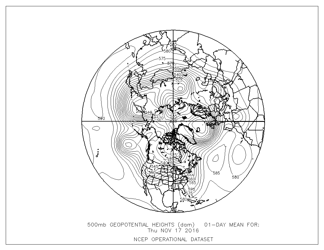 Figura 5 - Topografia del livello di 500 hPa del 17 novembre 2016 che pone in evidenza la presenza di un regime di blocco con avvezione di masse d’aria meridionali dall’medio Atlantico verso la Scandinavia e il Polo